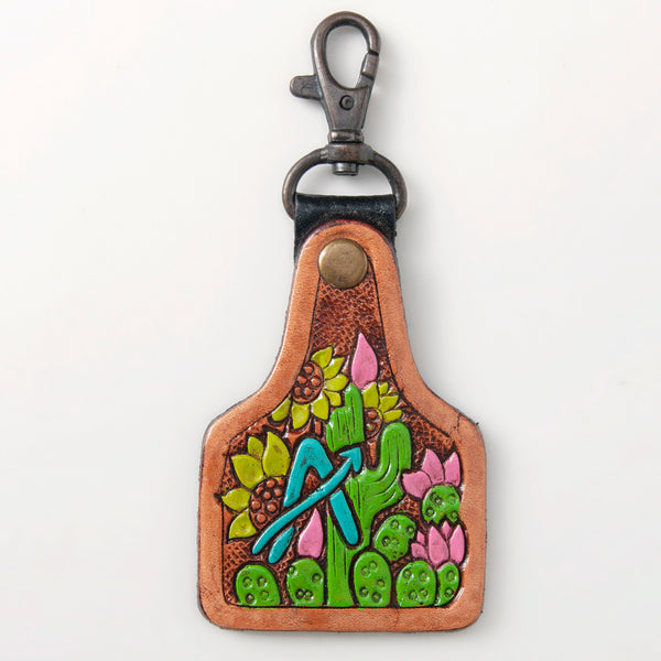 LC-ADKR213 Hand-Tooled Western Leather Keyring Cactus & Sunflower with Pink Blooms
