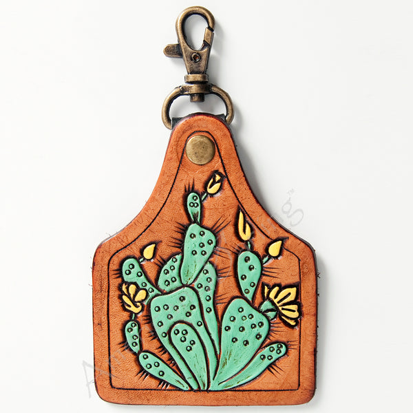 ADKR177 Hand-Tooled Leather Cactus keyring with Swivel Clasp Western Style