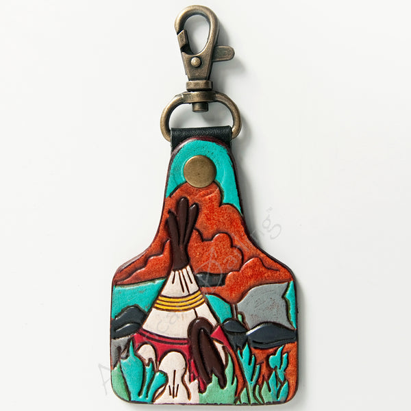 ADKR178 Hand-Tooled Leather Tipi Keyring with Desert Landscape Western Southwest Style