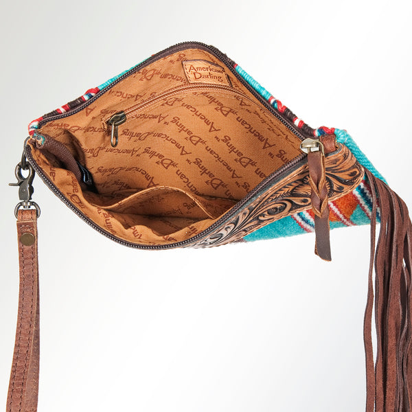 ADBG344 American Darling Hand Tooled Western Leather Wristlet Bag with Fringes and Woven Saddle Blanket