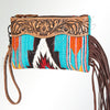 ADBG344 American Darling Hand Tooled Western Leather Wristlet Bag with Fringes and Woven Saddle Blanket