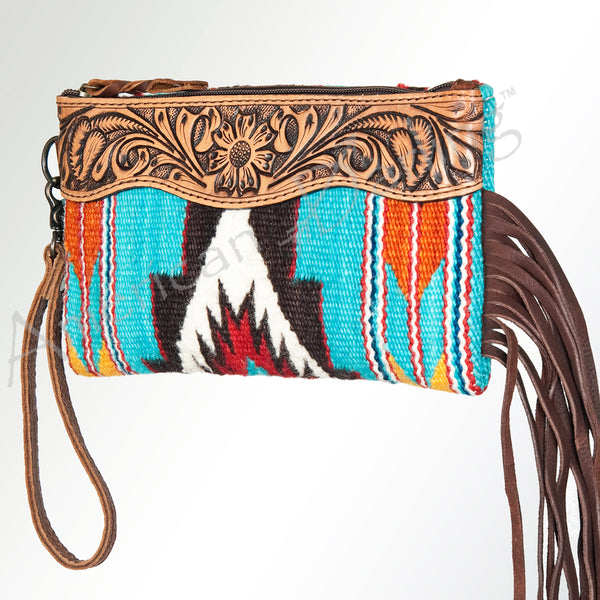ADBG344 American Darling Hand Tooled Western Leather Wristlet Bag with Fringes and Woven Saddle Blanket