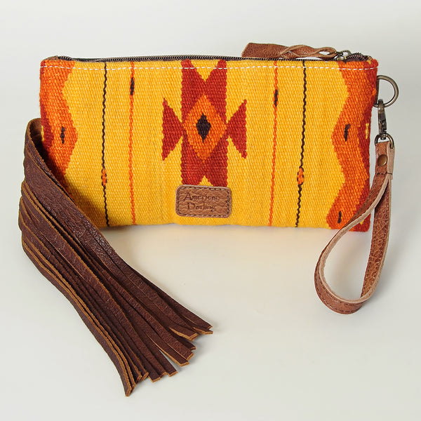 ADBG344 American Darling Western Leather Wristlet Bag with Hand Tooled Floral Carving and Saddle Blanket