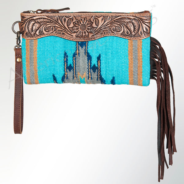 ADBG344 American Darling Western Leather Wristlet Bag with Hand Tooled Floral Carving and Saddle Blanket