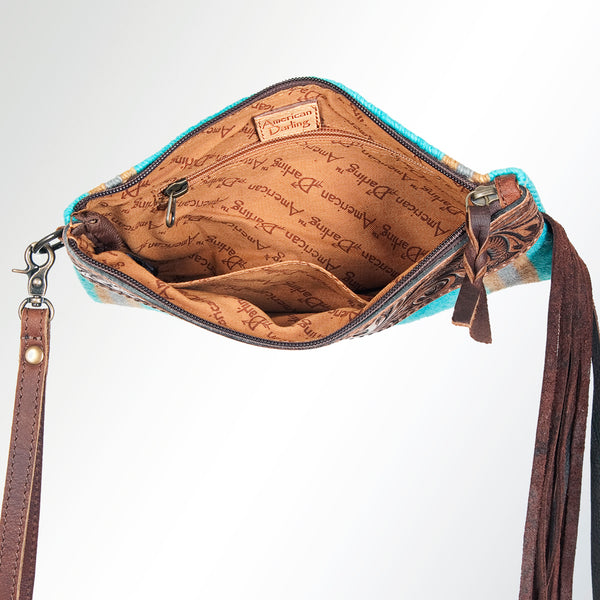 ADBG344 American Darling Western Leather Wristlet Bag with Hand Tooled Floral Carving and Saddle Blanket
