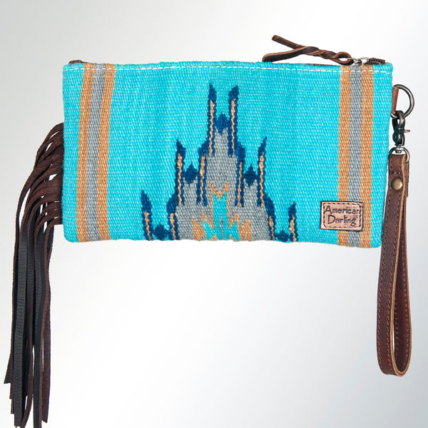 ADBG344 American Darling Western Leather Wristlet Bag with Hand Tooled Floral Carving and Saddle Blanket