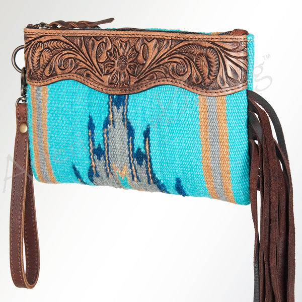 ADBG344 American Darling Western Leather Wristlet Bag with Hand Tooled Floral Carving and Saddle Blanket