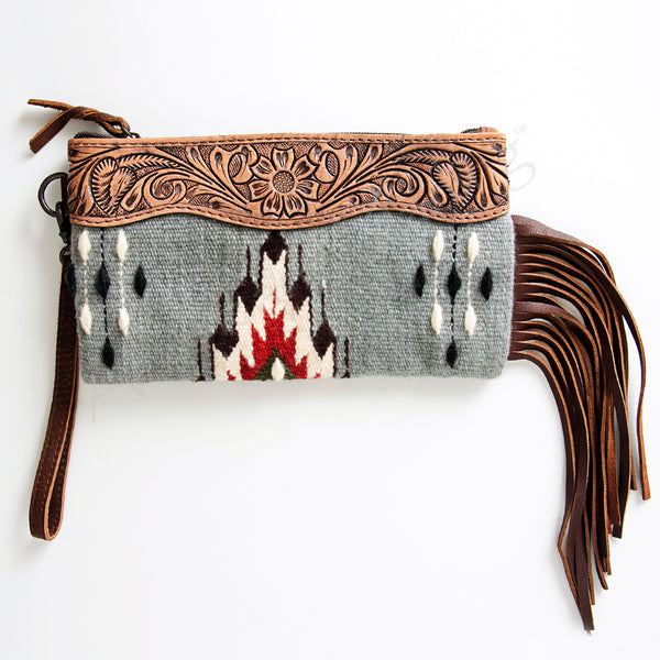 ADBG344 American Darling Western Leather Wristlet Bag with Hand Tooled Floral Carving and Saddle Blanket