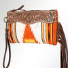 ADBG344 American Darling Western Leather Wristlet Bag with Hand Tooled Floral Carving and Saddle Blanket