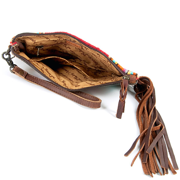 ADBG344 American Darling Western Leather Wristlet Bag with Hand Tooled Floral Carving and Saddle Blanket