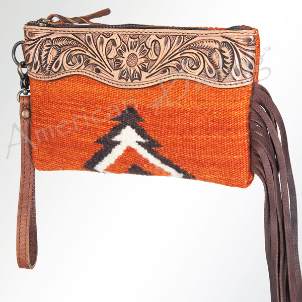 ADBG344 American Darling Western Leather Wristlet Bag with Hand Tooled Floral Carving and Saddle Blanket