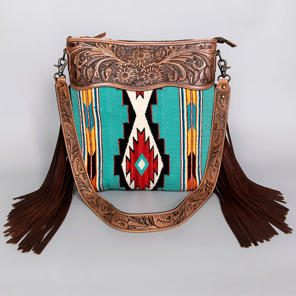 ADBG510 American Darling Tooled Leather & Saddle Blanket Crossbody Bag - Western Fringe Purse