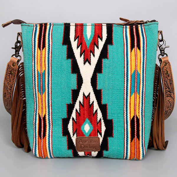 ADBG510 American Darling Tooled Leather & Saddle Blanket Crossbody Bag - Western Fringe Purse