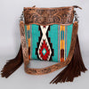 ADBG510 American Darling Tooled Leather & Saddle Blanket Crossbody Bag - Western Fringe Purse