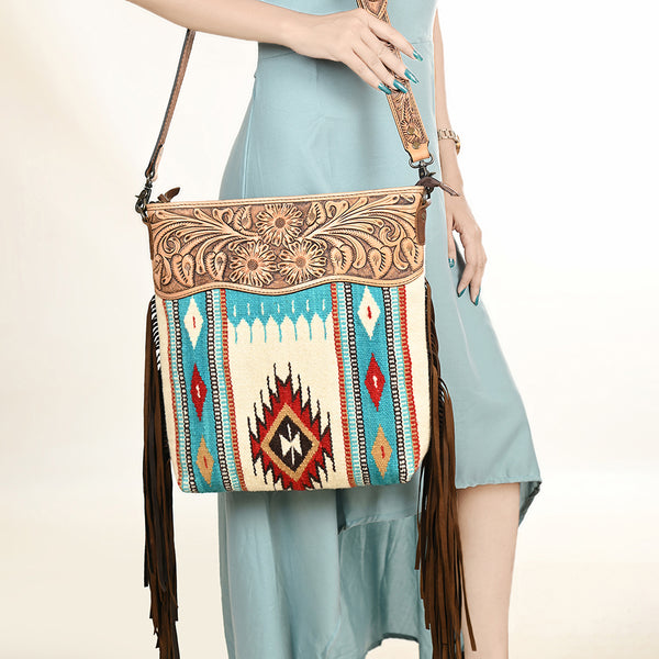 ADBG510 American Darling Hand Tooled Floral & Hand Woven Saddle Blanket Large Cross Body Bag