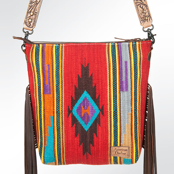 ADBG510 American Darling Hand Tooled Floral & Hand Woven Saddle Blanket Large Cross Body Bag