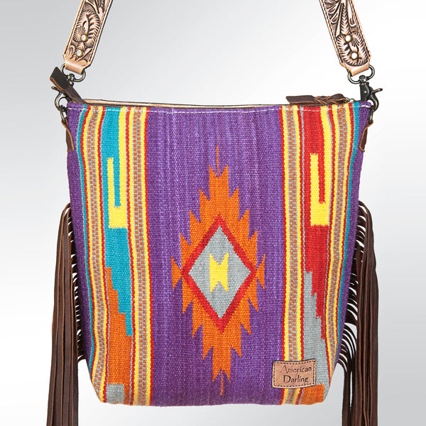 ADBG510 American Darling Hand Tooled Floral & Hand Woven Saddle Blanket Large Cross Body Bag