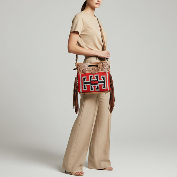 LC-ADBGS146 Southwestern Crossbody Bag - Hand-Tooled Leather & Wool Blend