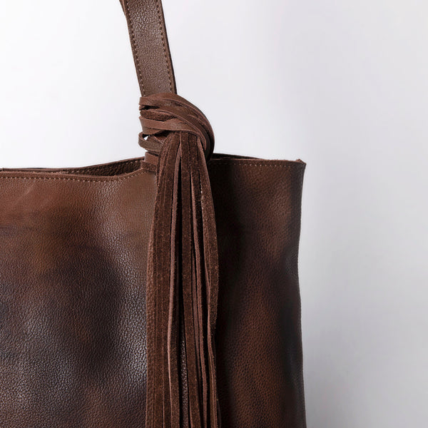 ADBGM119 Genuine Leather Fringe Tote - Western Knotted Strap Shoulder Bag