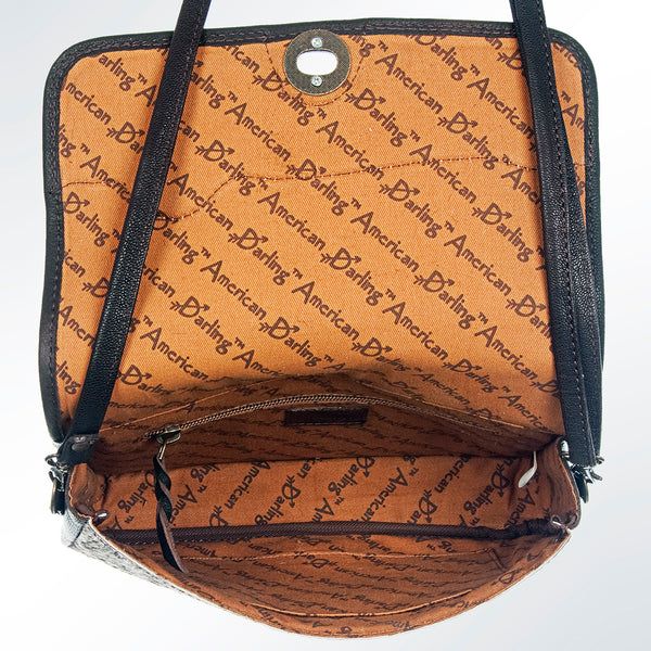LC-ADBGZ342 Horse Tooled Leather Crossbody Bag - Genuine Brown Leather with Hair-On Cowhide Sides