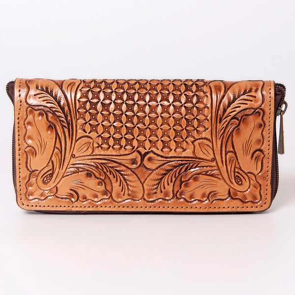 ADBGZ362 Tooled Leather Zip Wallet - Western Floral & Basket Weave Design