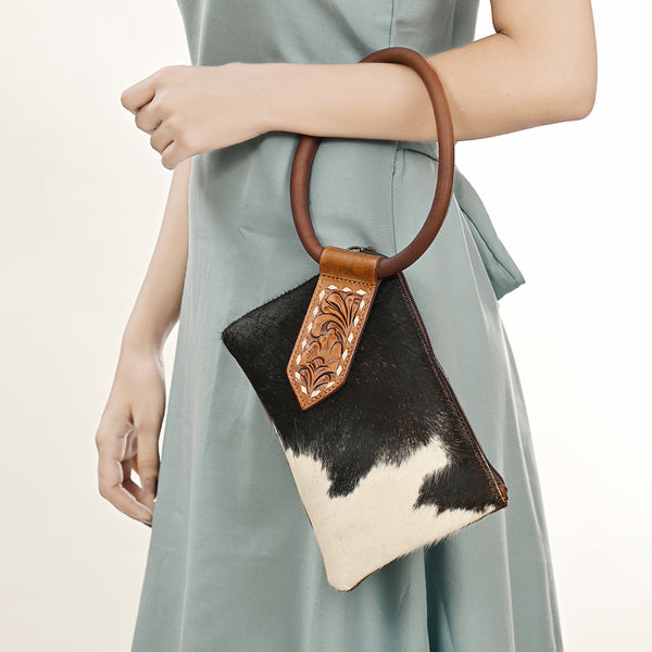 ADBGZ335 Black & White Cowhide Wristlet - Hair-On Hide Clutch with Tooled Leather Detail