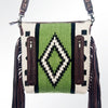 LC-ADBGZ363 Green Aztec Wool & Tooled Leather Crossbody Bag - Western Fringe Shoulder Purse