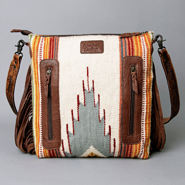 ADBGZ365 Tooled Leather & Tribal Wool Crossbody Bag - Western Fringe Shoulder Purse