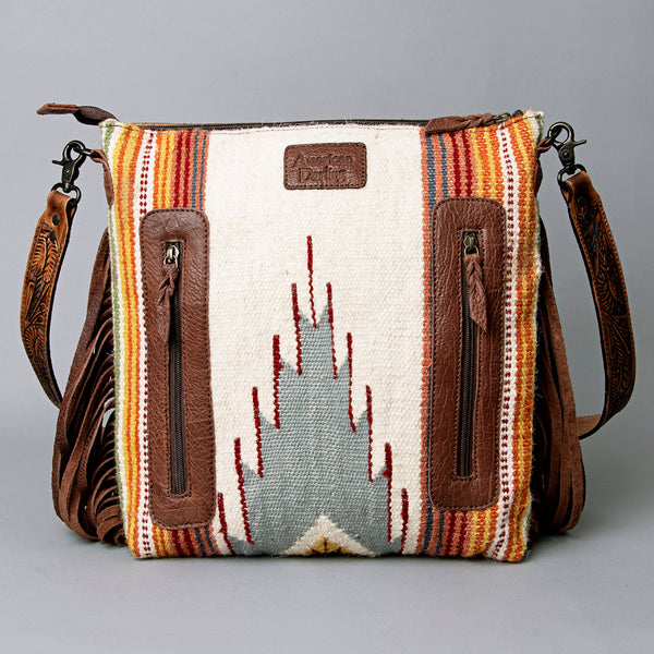 ADBGZ365 Tooled Leather & Tribal Wool Crossbody Bag - Western Fringe Shoulder Purse