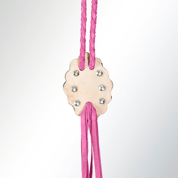 LC-ADJW106E Pink Braided Western Jewelry Necklace with Turquoise Stone & Two-Tone Scalloped Concho
