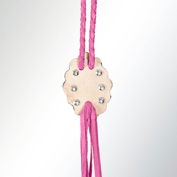 LC-ADJW106E Pink Braided Western Jewelry Necklace with Turquoise Stone & Two-Tone Scalloped Concho