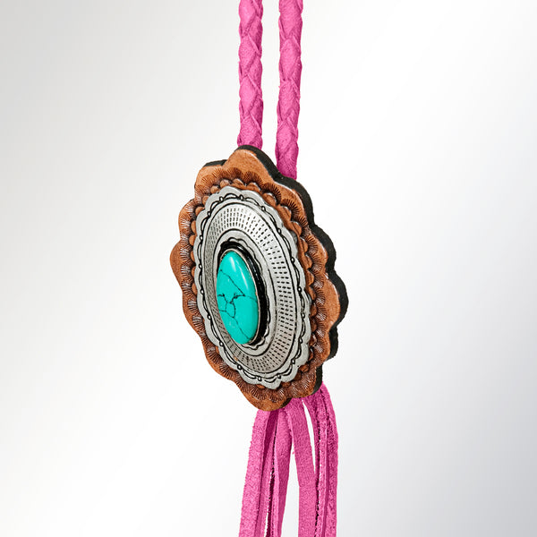 LC-ADJW106E Pink Braided Western Jewelry Necklace with Turquoise Stone & Two-Tone Scalloped Concho