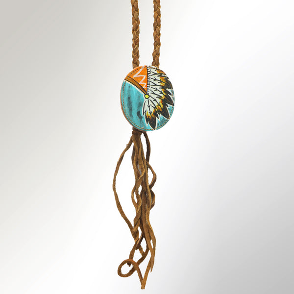 LC-ADJWM101C Hand-Painted Western Jewelry Necklace with Native Headdress Design on Turquoise Background