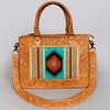 ADBG582 Tooled Leather Western Tote with Southwestern Wool Inlay Floral Carved Satchel Bag