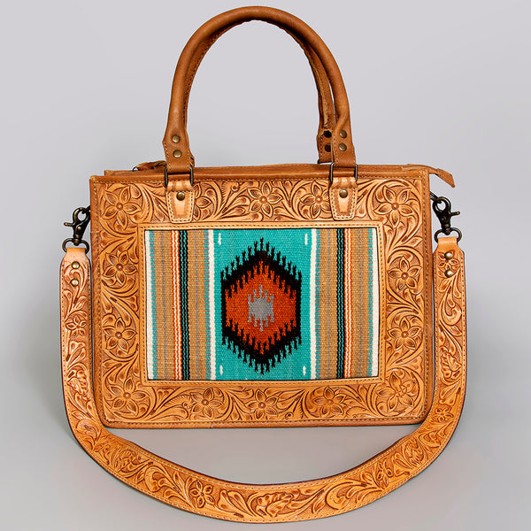 ADBG582 Tooled Leather Western Tote with Southwestern Wool Inlay Floral Carved Satchel Bag