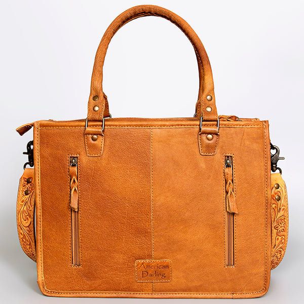 ADBG582 Tooled Leather Western Tote with Southwestern Wool Inlay Floral Carved Satchel Bag
