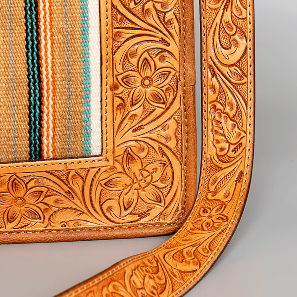 ADBG582 Tooled Leather Western Tote with Southwestern Wool Inlay Floral Carved Satchel Bag
