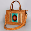 ADBG582 Tooled Leather Western Tote with Southwestern Wool Inlay Floral Carved Satchel Bag