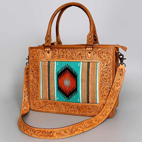 ADBG582 Tooled Leather Western Tote with Southwestern Wool Inlay Floral Carved Satchel Bag