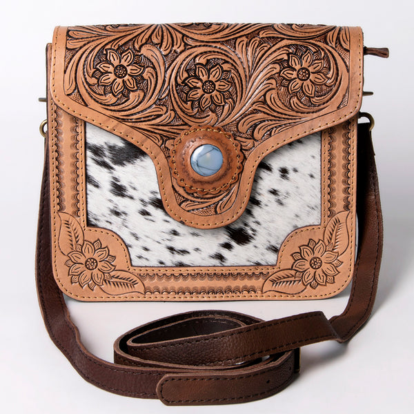 ADBGD123 American Darling Hand Tooled Floral & Hair-On Cowhide Cross body Bag with Stone Accent