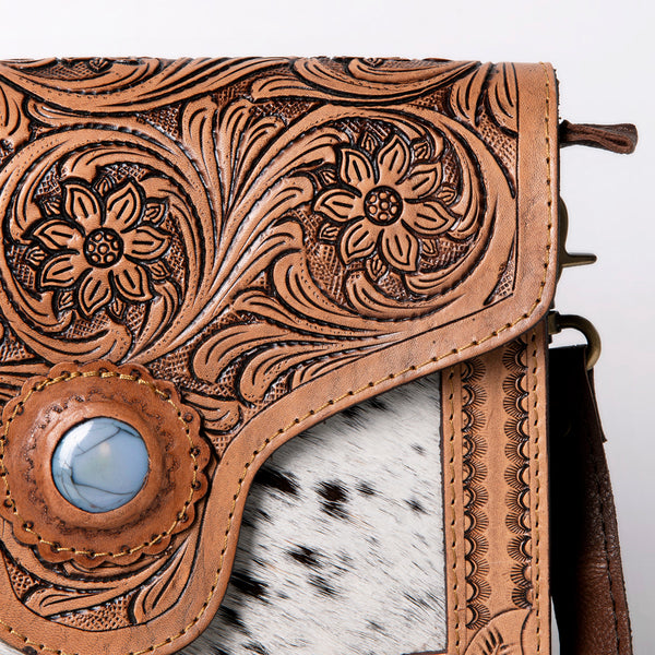 ADBGD123 American Darling Hand Tooled Floral & Hair-On Cowhide Cross body Bag with Stone Accent