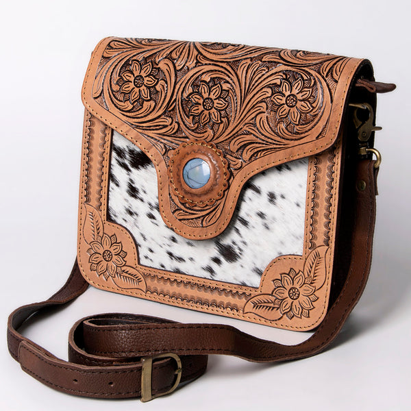 ADBGD123 American Darling Hand Tooled Floral & Hair-On Cowhide Cross body Bag with Stone Accent
