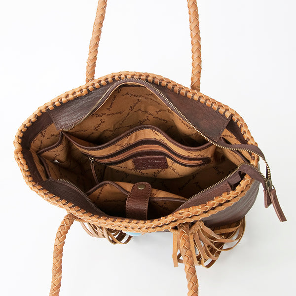 ADBGD128B American Darling Handcrafted Leather Tote Bag with Turquoise Stone & Fringes