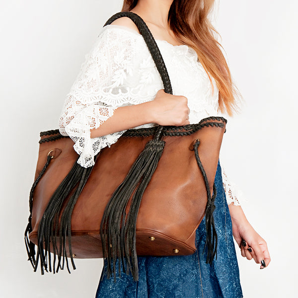 ADBGD132 American Darling Handcrafted Leather Tote Bag with Braided Handles & Fringes