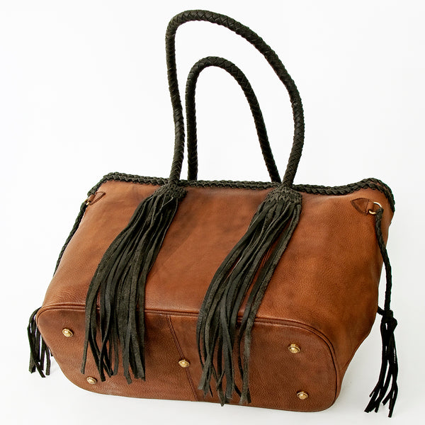 ADBGD132 American Darling Handcrafted Leather Tote Bag with Braided Handles & Fringes