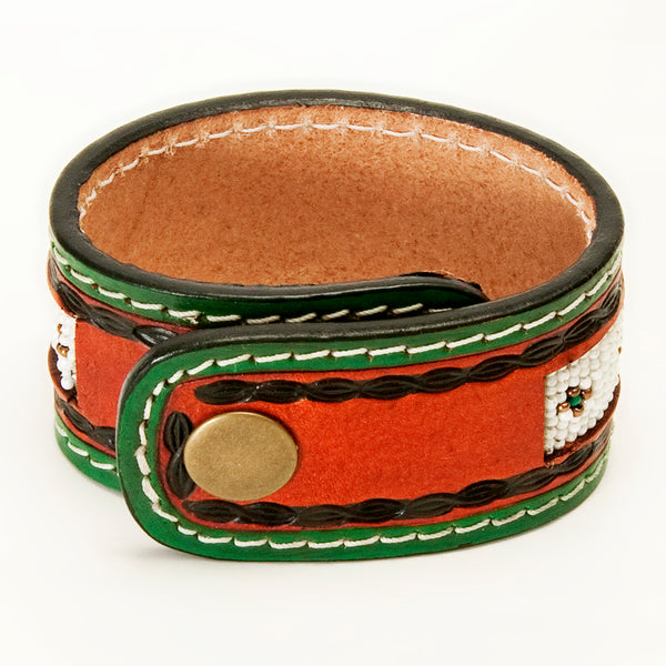 LC-ADBRF139 Beaded Leather Cuff Bracelet - Green Western Pattern with Saddle Tan Leather
