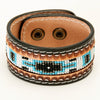 LC-ADBRF140 Beaded Leather Cuff Bracelet - Turquoise & Black Geometric Pattern on Tan Leather