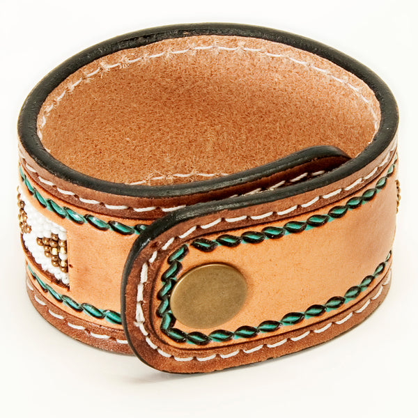 ADBRF145 Beaded Leather Cuff Bracelet - Turquoise Southwestern Pattern on Natural Tan Leather