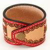 LC-ADBRF147 Beaded Leather Cuff Bracelet - Red & Pink Southwestern Pattern with Floral Tooling