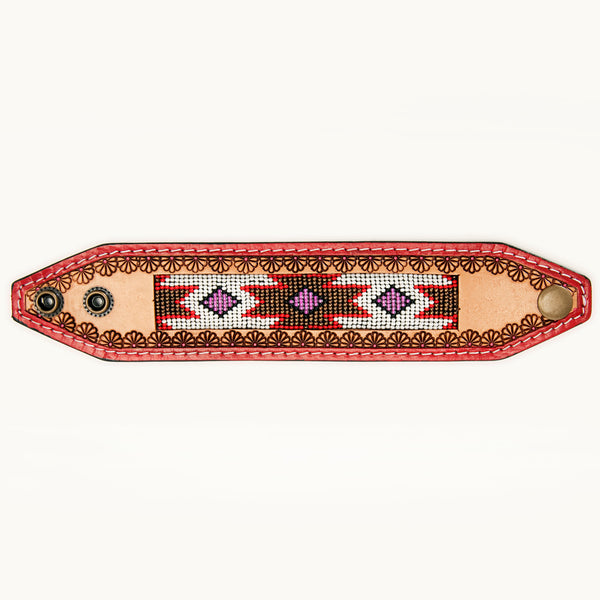 LC-ADBRF147 Beaded Leather Cuff Bracelet - Red & Pink Southwestern Pattern with Floral Tooling